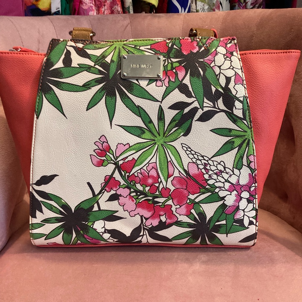 Nine West Coral and Green Tote Bag with Botanical Print